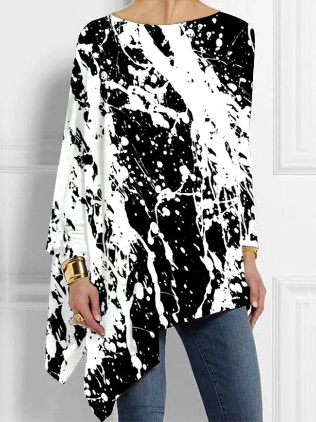 Women's Black&White Print Asymmetrical Crew NeckTunic Tops