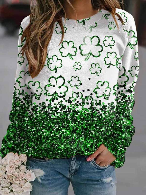 Women's Clover Sequin Print Round Neck Long Sleeve Top