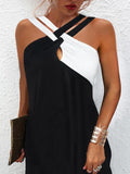 Women's Elegant  Sheath Dress Mini Dress Black White Sleeveless Color Block Lace  Spaghetti Strap