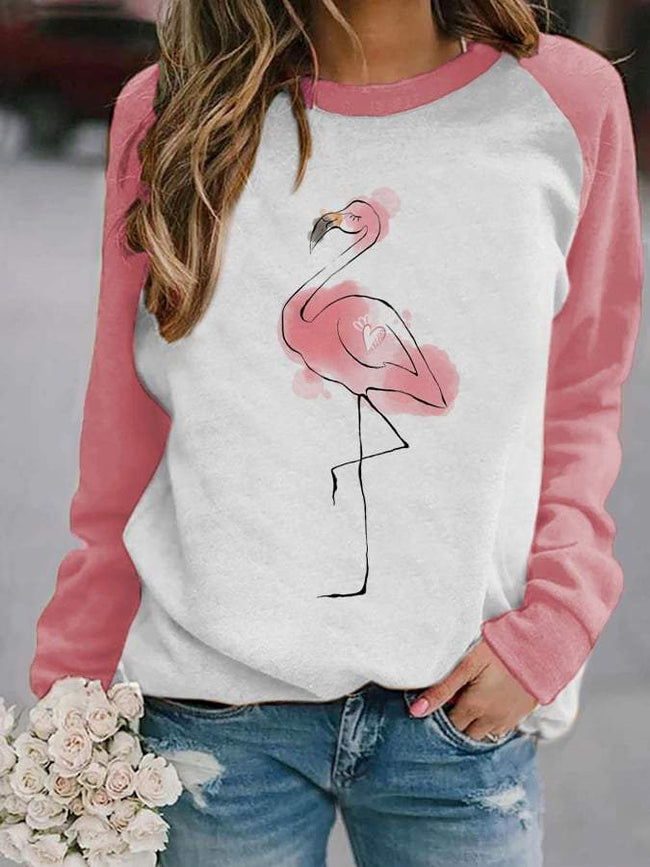 Flamingo Print Long-Sleeved Sweatshirt