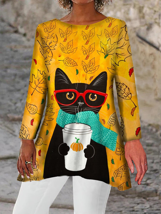 Women's Coffee Cat Asymmetric Crew Neck Tunic Tops