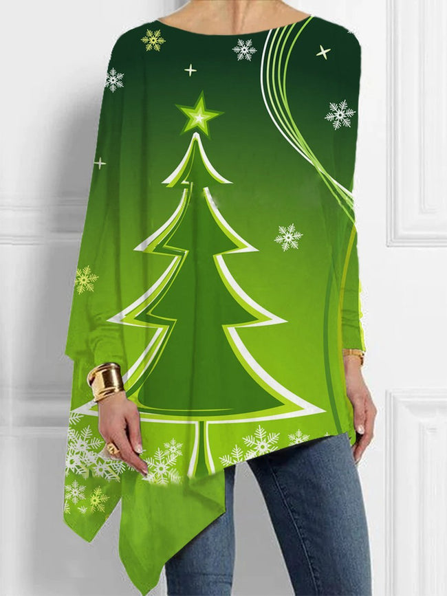 Women's Christmas Print  Asymmetrical Crew Neck Tunic Tops