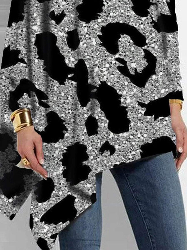 Women's  Glitter Leopard Print  Asymmetrical Turtleneck Tunic Tops