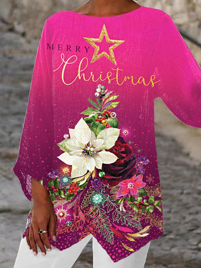 Women's Vintage Christmas Floral Print Casual Top