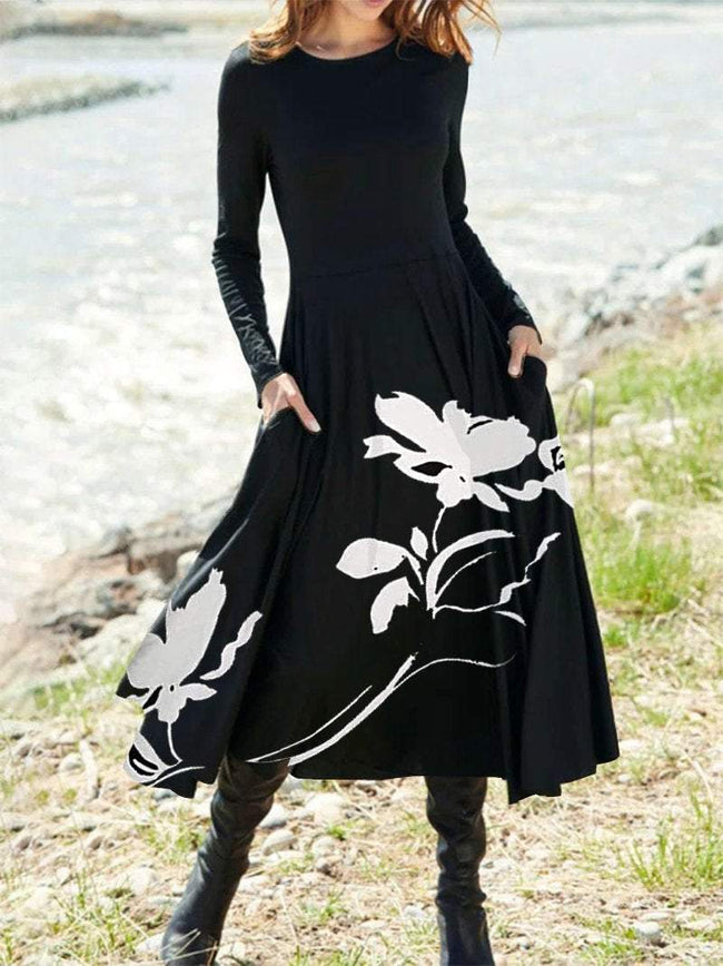 Women's Minimalist Vintage Floral print Pattern Long Sleeve Midi A-Line Dress