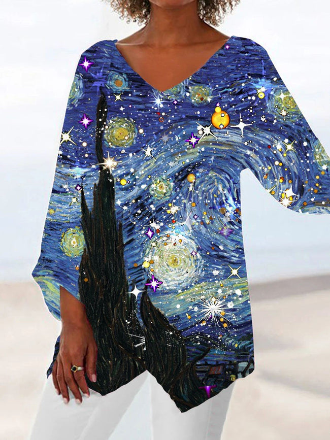Women's Vintage Art Optimized Starry Sequin Print Casual Vacation Top