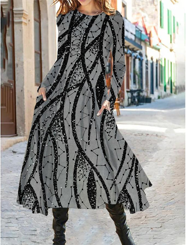 Women's party vintage glitter print  Long Sleeve Midi A-Line Dress