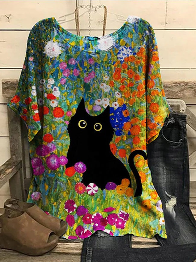 Women's Garden Flowers Cat Print  Blouses Tops