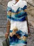 Women's Cotton and Linen Gradient Gold Leaf Landscape Painting Maxi Dress