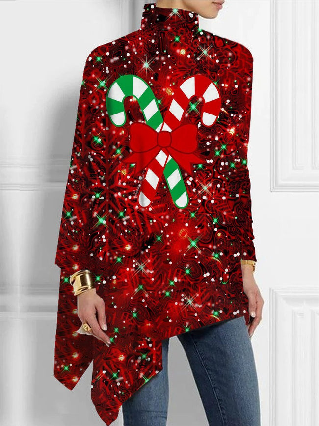 Women's Christmas Print  Asymmetrical Turtleneck Tunic Tops