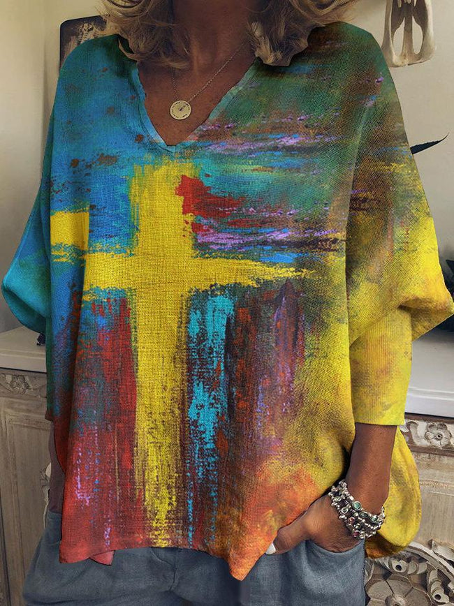 Cross V Neck Print Long Sleeve Top