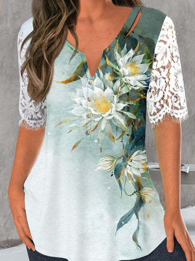 Women's Artistic Flower Lace Sleeve T-shirt