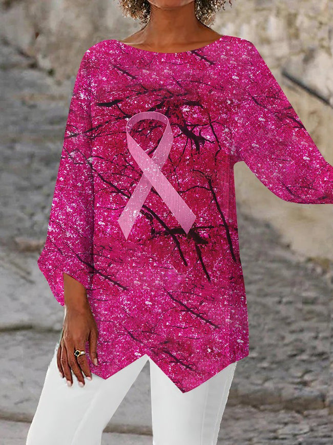Women's Breast Cancer Awareness Print  Asymmetric Blouses Tops