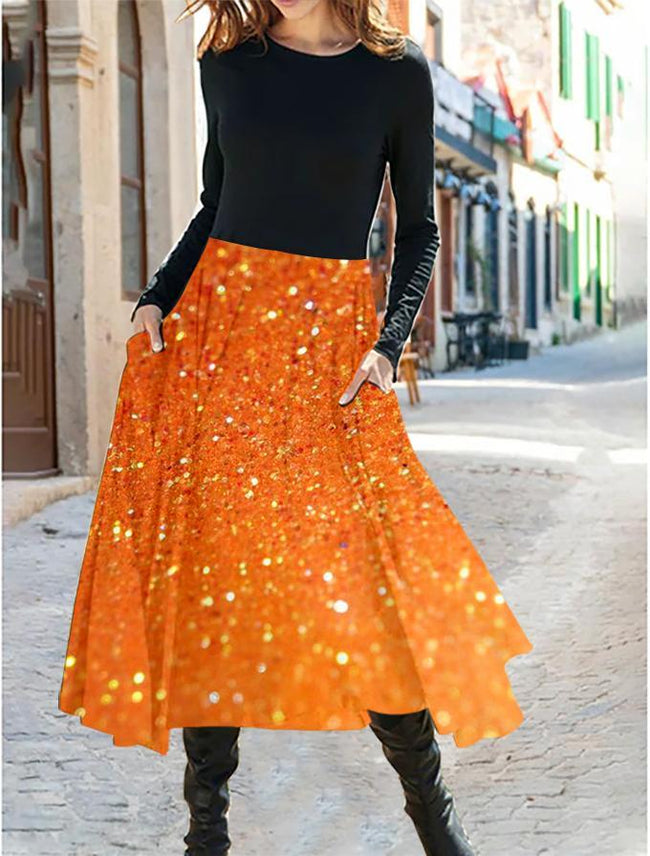 Women's party vintage glitter print  Long Sleeve Midi A-Line Dress