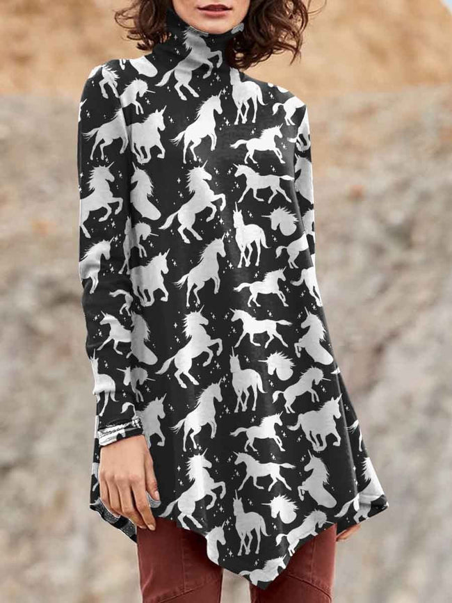 Women's Horse Silhouette Print Casual Turtleneck Top