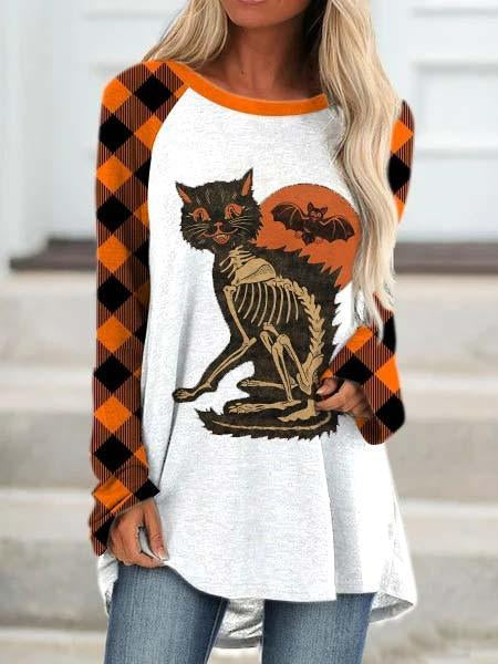 Women's Halloween  Black Cat Art Casual Long Sleeve Loosen Shirts & Tops