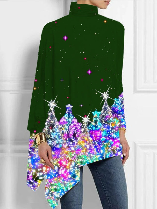 Women's  Glitter  Christmas Print  Asymmetrical Turtleneck  Tops