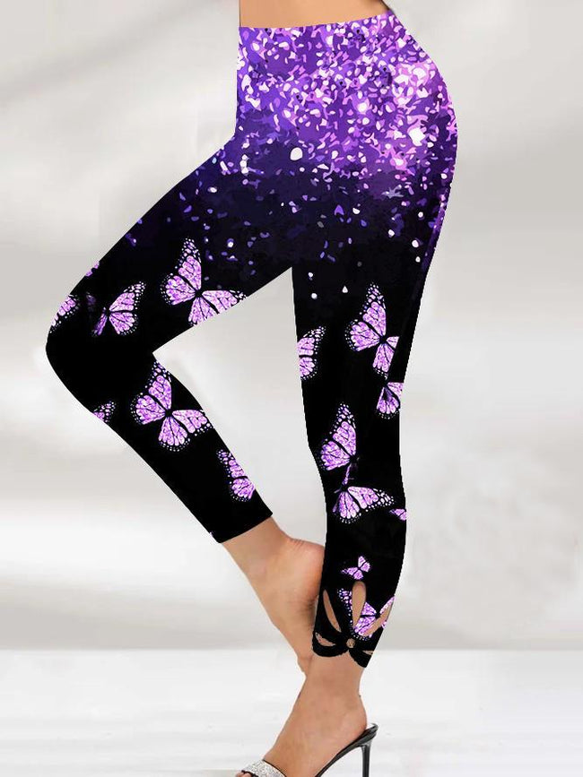 Women's shiny  Butterfly print Stretch Leggings