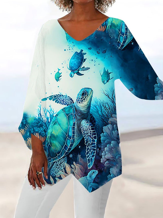 Women's Holiday  Turtle Print Cotton linen Top