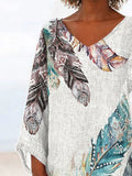 Women's V-Neck Vintage Western Feather Print Casual Top