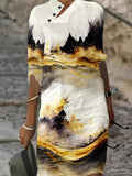 Women's Cotton and Linen Gradient Gold Leaf Landscape Painting Maxi Dress