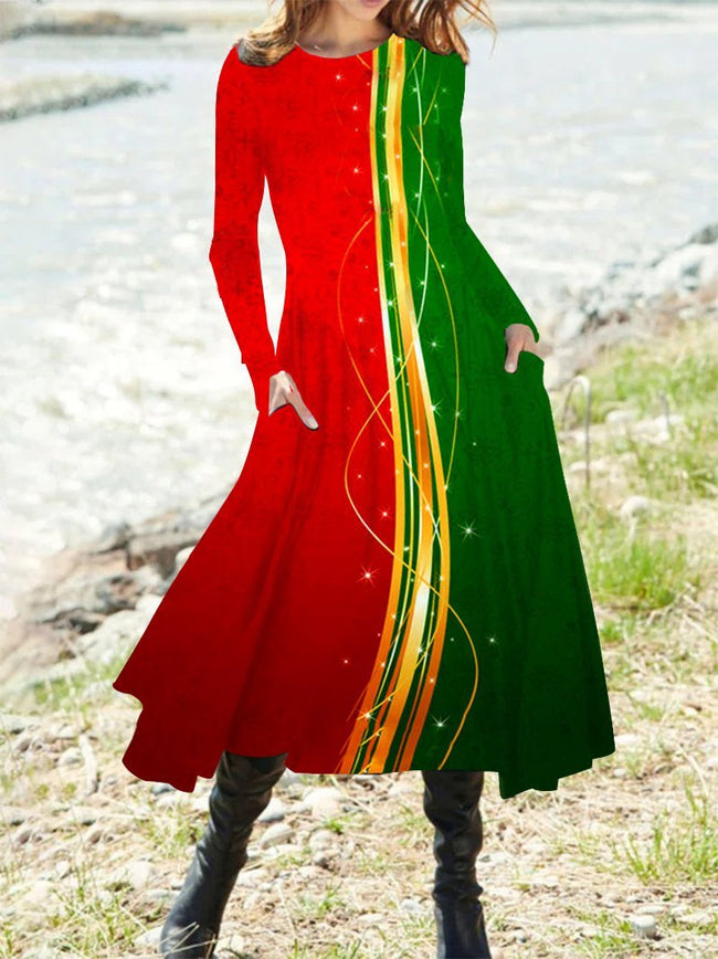 Women's christmas print Pattern Long Sleeve Midi A-Line Dress