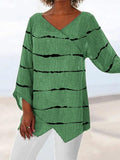 Women's Casual Loose Cotton Linen Pullover Round Neck Print Long Shirt