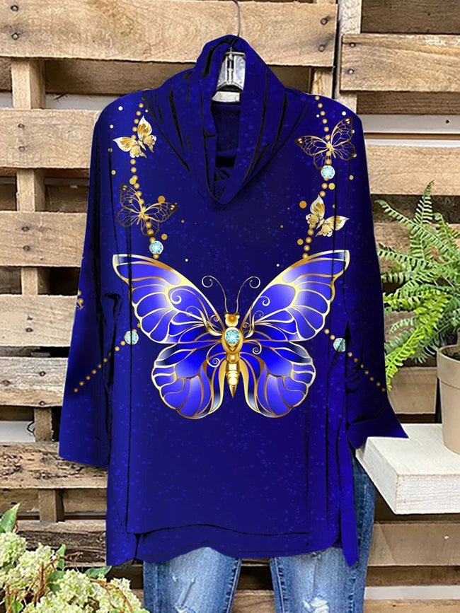 Women's Butterfly Print  Turtleneck Tunic Tops