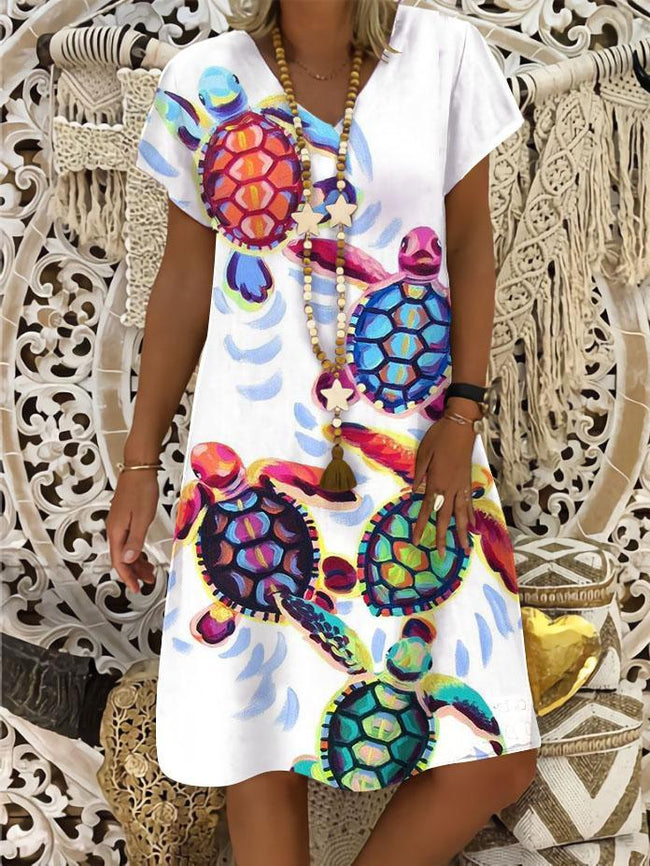 Women's Holiday Turtle Print Cotton linen Dress