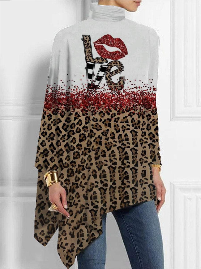 Women's  Love Leopard Print  Asymmetrical Turtleneck Tunic Tops