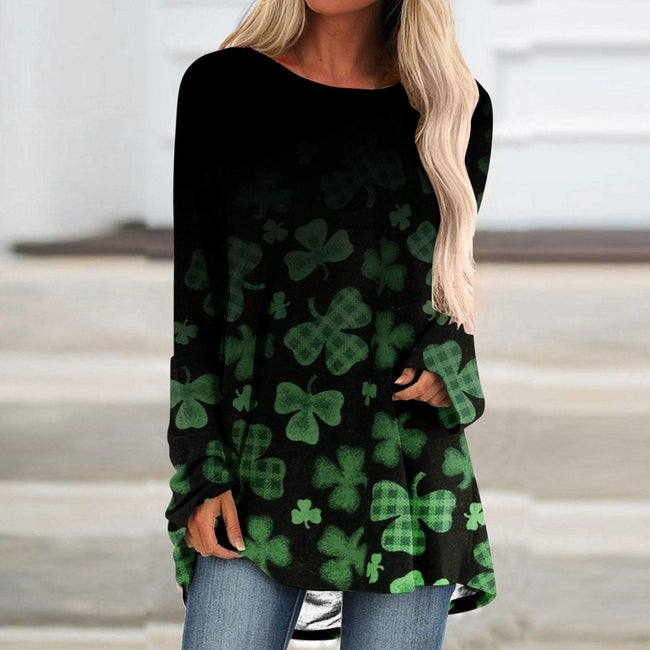 Women's Clover Print Round Neck Long Sleeve Top