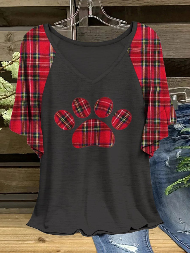 Women's Casual Paw Plaid Print Tops