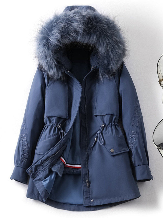 Women's Vintage Blue Mid Length Long Sleeve Hooded Removable Fur Collar Embroidered Cotton Coat