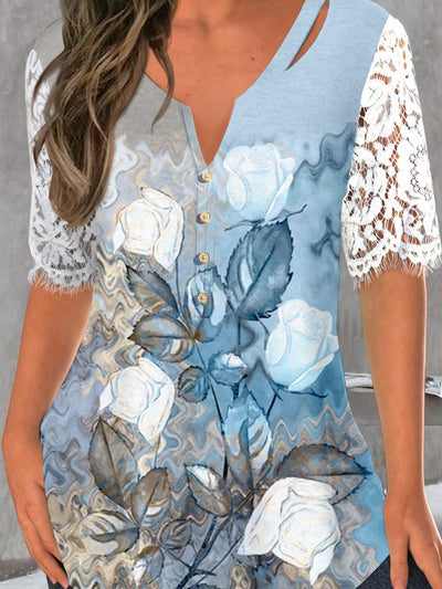 Women's Artistic Gradient Flower Lace Sleeve T-shirt