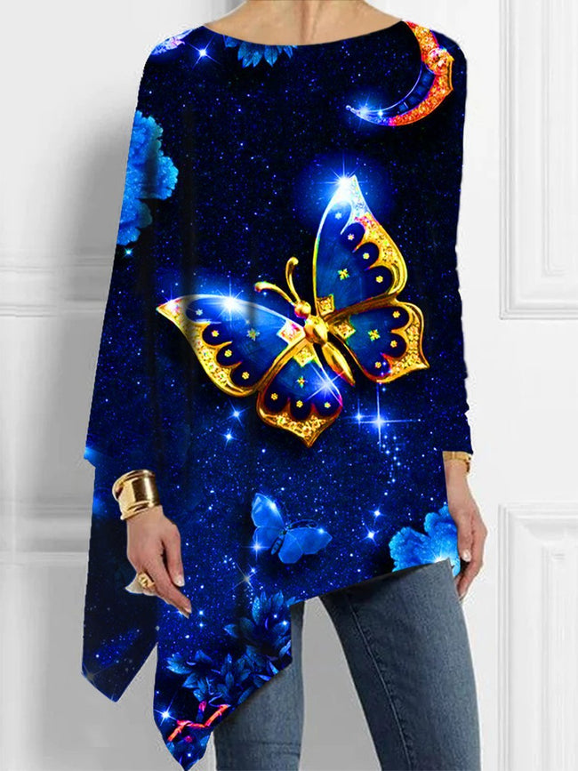 Women's Butterfly glitter print  Asymmetrical Crew Neck Tops