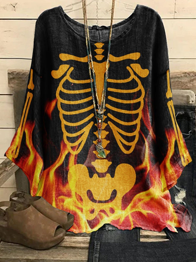Women's Halloween Flame Skull Skeleton Print Casual Top