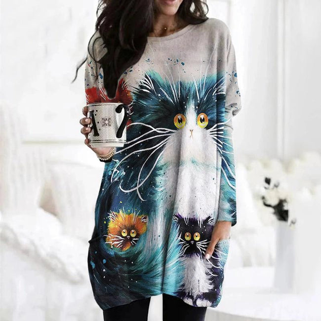 Women's  cat print Asymmetrical Crew Neck Tops