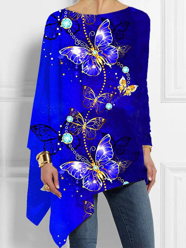 Women's  butterfly print Asymmetrical Crew Neck Tops