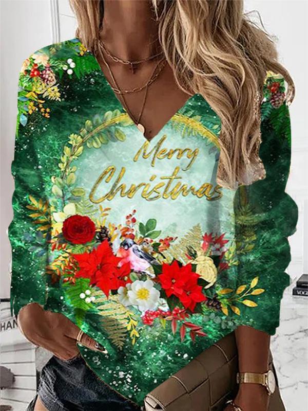 Women's  Christmas wreath print  V-neck  long-sleeved Hoodie