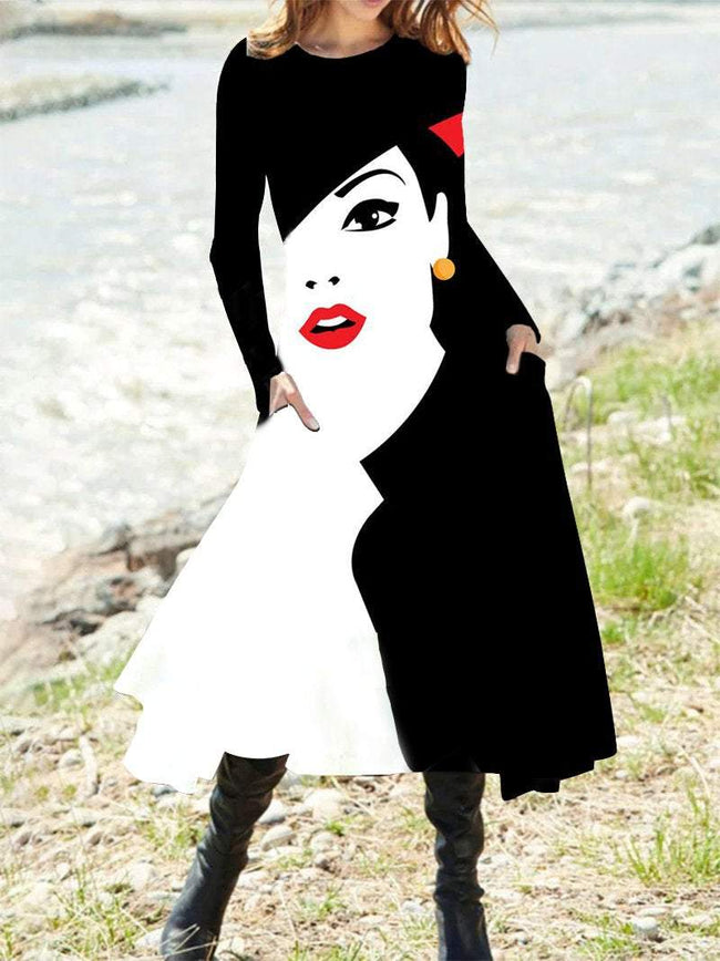 Women's Minimalist Vintage face print Pattern Long Sleeve Midi A-Line Dress