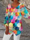 Women's Bohemian Honeycomb Cubes Colorful Hexagon Pattern Casual Top