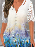 Women's Artistic Gradient Flower Lace Sleeve T-shirt