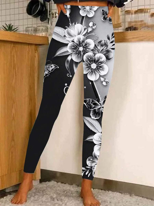Women's Flowers Print Casual Stretch Pants Leggings