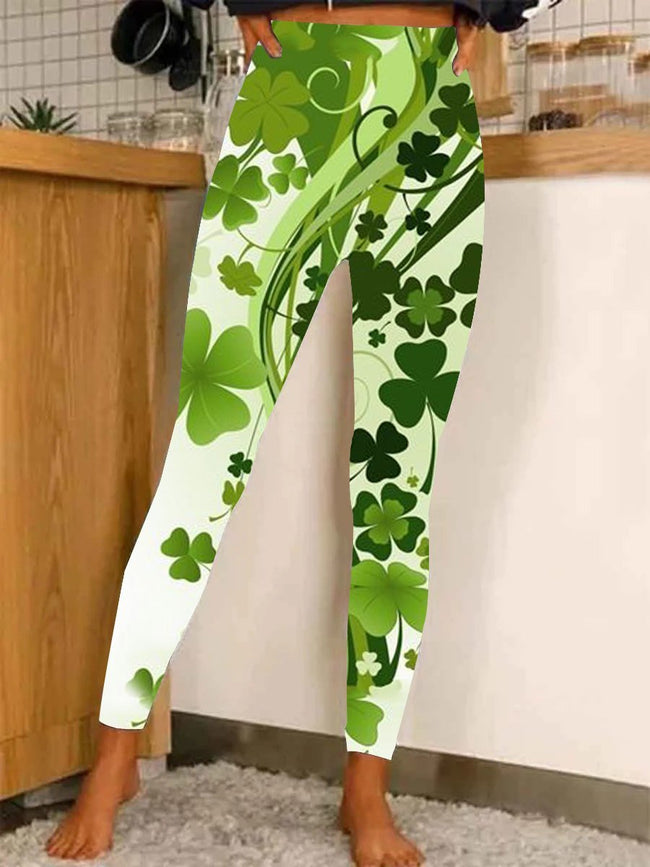 Womens Casual four leaf clover print Stretch  Leggings