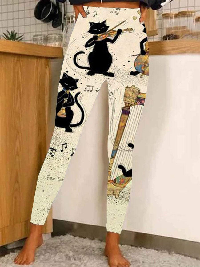 Women's music cat  print  Casual Stretch Pants Leggings