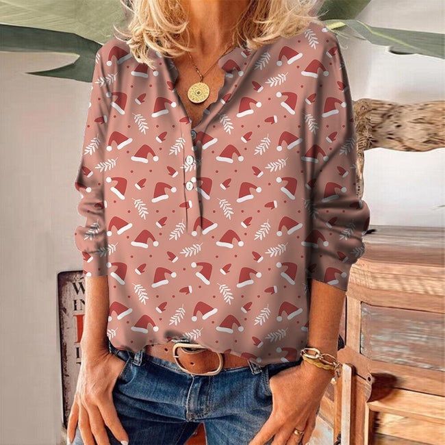 Women's Christmas  Print V-Tie Button Long Sleeve Shirt