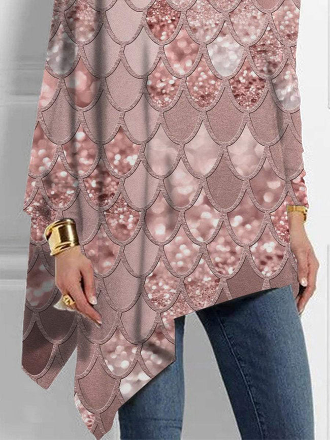 Women's  Glitter Print  Asymmetrical Turtleneck Tunic Tops