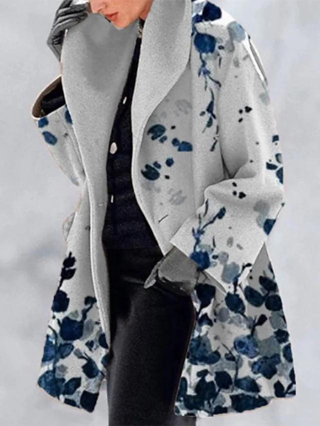 Women's Simple vintage flowers Print Casual Long Coat