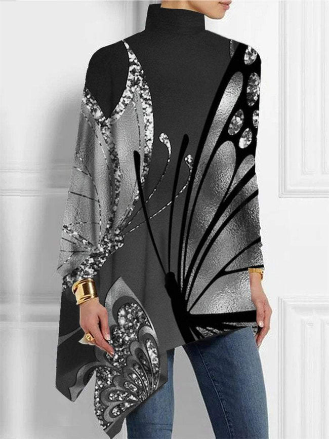 Women's  Butterfly Glitter  Print  Asymmetrical Turtleneck Tunic Tops