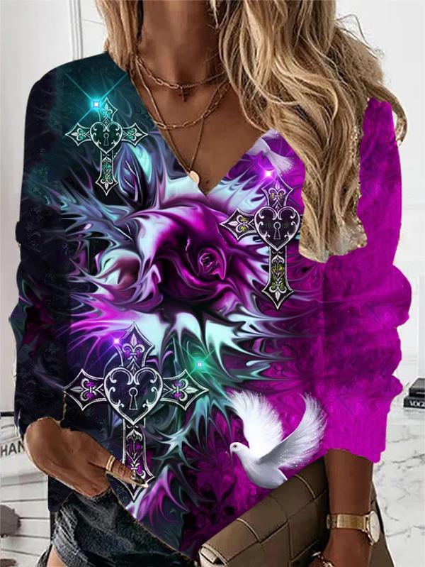 Women's floral cross print  V-neck long-sleeved loose casual blouse